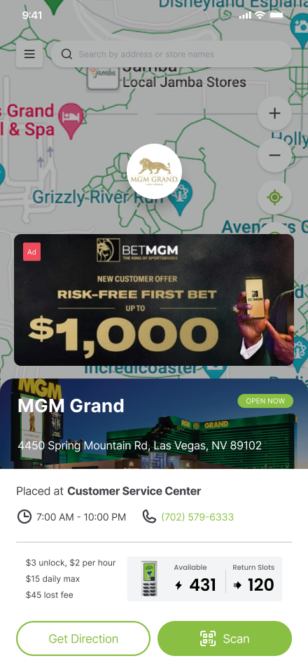 ChargerGoGo App map with nearby venues and in-app advertising