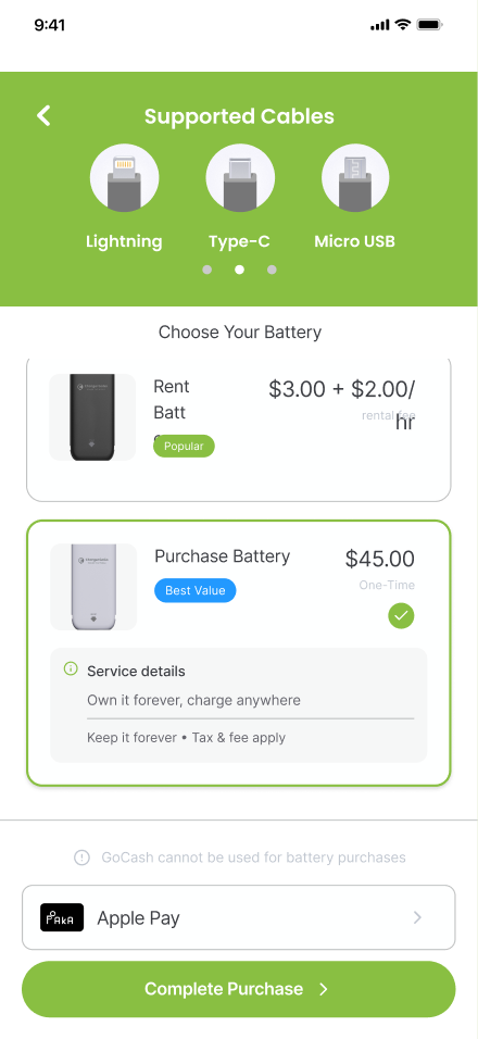 ChargerGoGo App charger rental selection screen